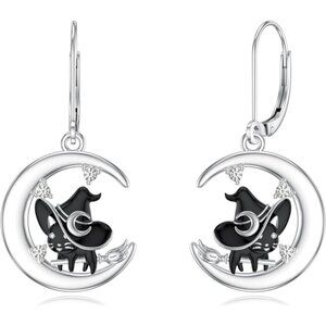 925 Sterling Silver crescent cat Patriotic earrings for Women